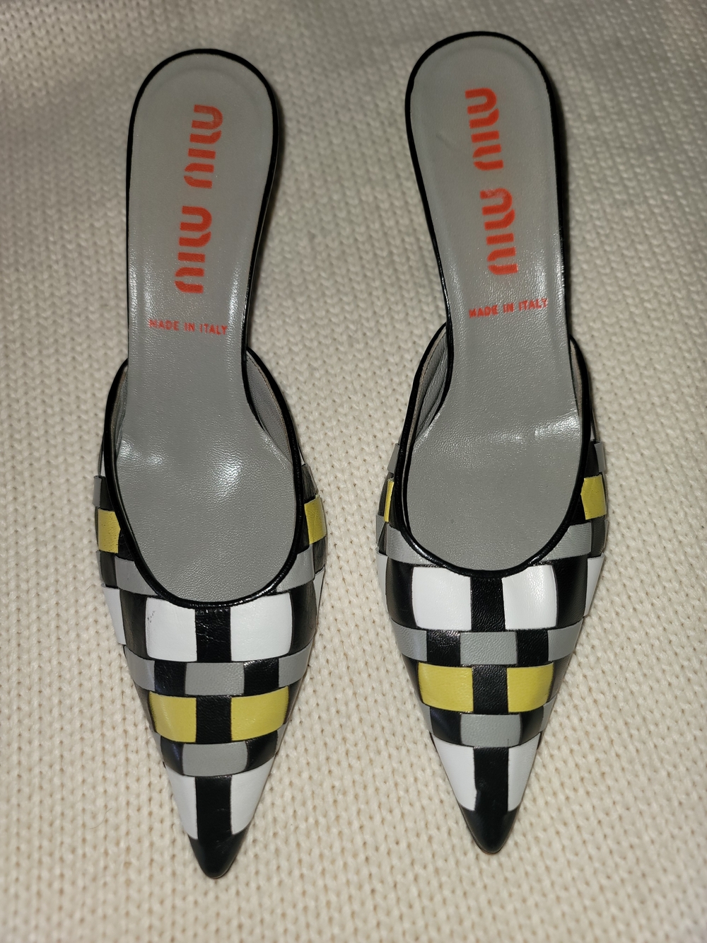 Miu Miu  Women's Checkerpoint Leather Mules in Black White and Yellow, EUR 39.5